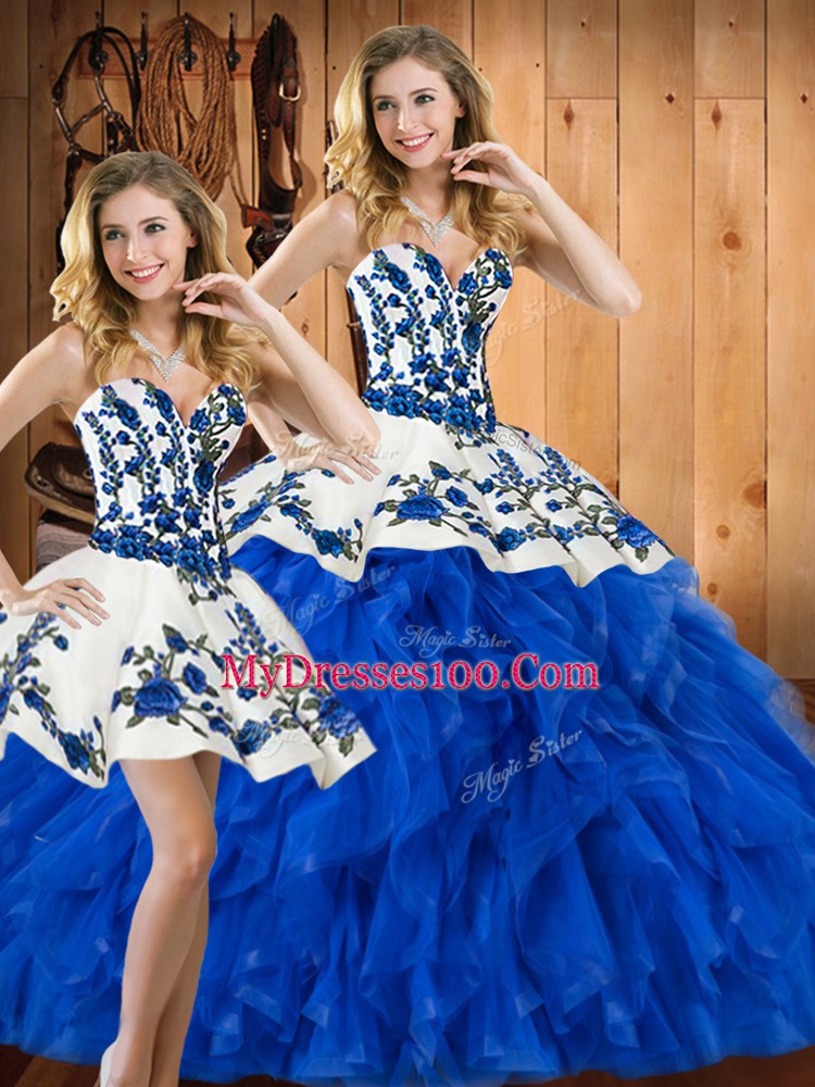 Blue Three Pieces Sweetheart Sleeveless Satin and Organza Floor Length Lace Up Embroidery and Ruffles Quinceanera Gown