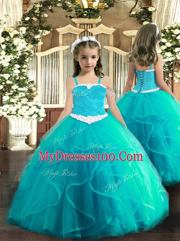Customized Aqua Blue Ball Gowns Straps Sleeveless Tulle Floor Length Lace Up Appliques and Ruffles Little Girl Pageant Gowns