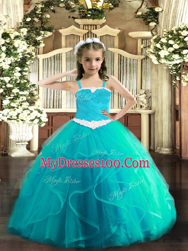 Customized Aqua Blue Ball Gowns Straps Sleeveless Tulle Floor Length Lace Up Appliques and Ruffles Little Girl Pageant Gowns