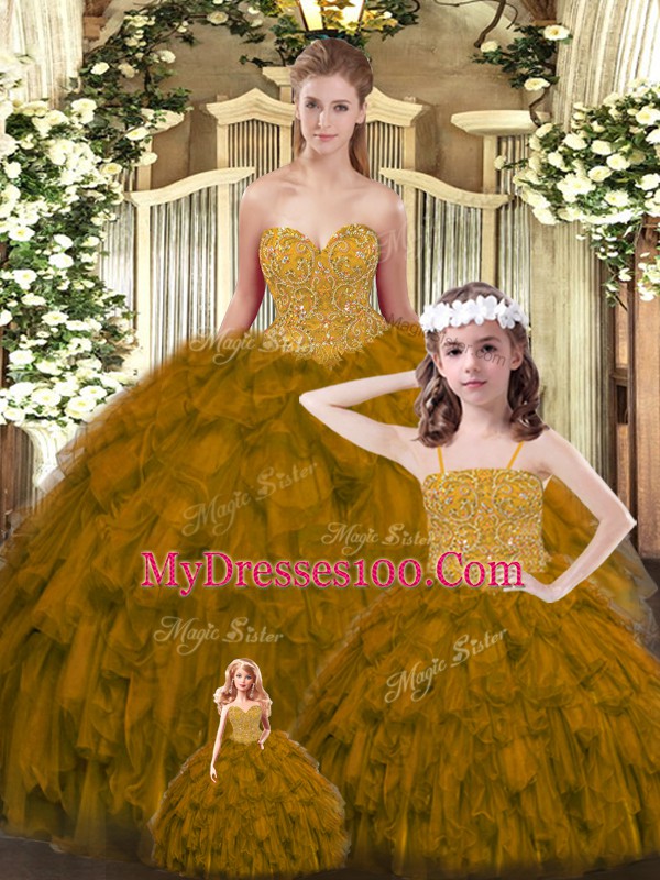 Noble Beading and Ruffles Sweet 16 Dresses Brown Lace Up Sleeveless Floor Length