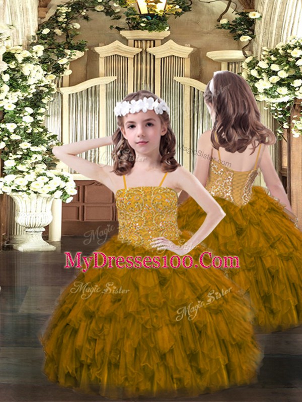 Noble Beading and Ruffles Sweet 16 Dresses Brown Lace Up Sleeveless Floor Length
