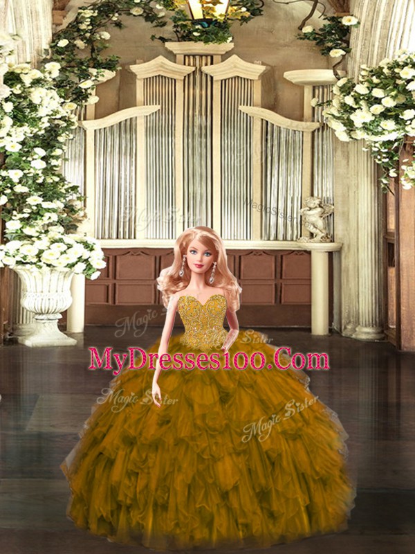 Noble Beading and Ruffles Sweet 16 Dresses Brown Lace Up Sleeveless Floor Length