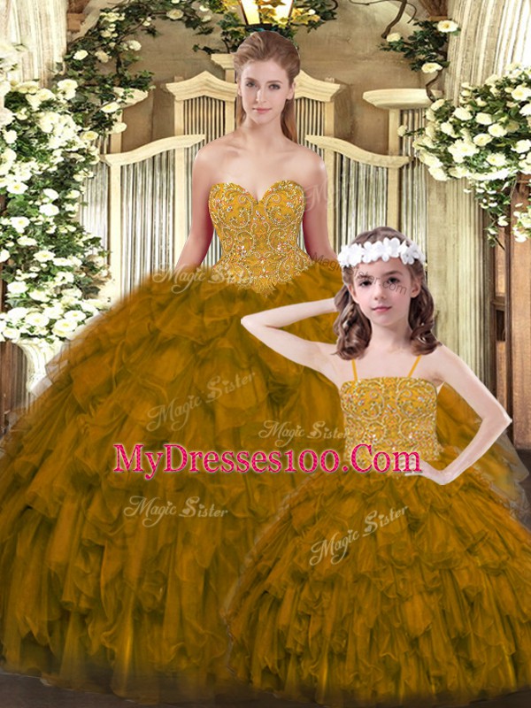 Noble Beading and Ruffles Sweet 16 Dresses Brown Lace Up Sleeveless Floor Length
