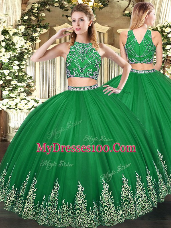 Spectacular High-neck Sleeveless Quinceanera Gown Floor Length Beading and Ruffles Dark Green Tulle