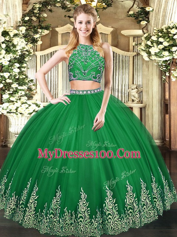 Spectacular High-neck Sleeveless Quinceanera Gown Floor Length Beading and Ruffles Dark Green Tulle