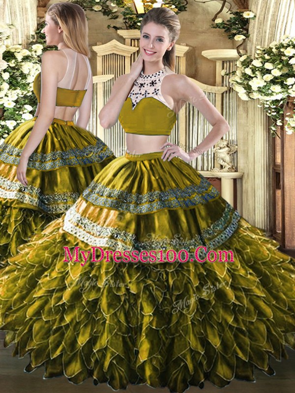 Custom Made Two Pieces Sweet 16 Dress Olive Green High-neck Tulle Sleeveless Floor Length Backless