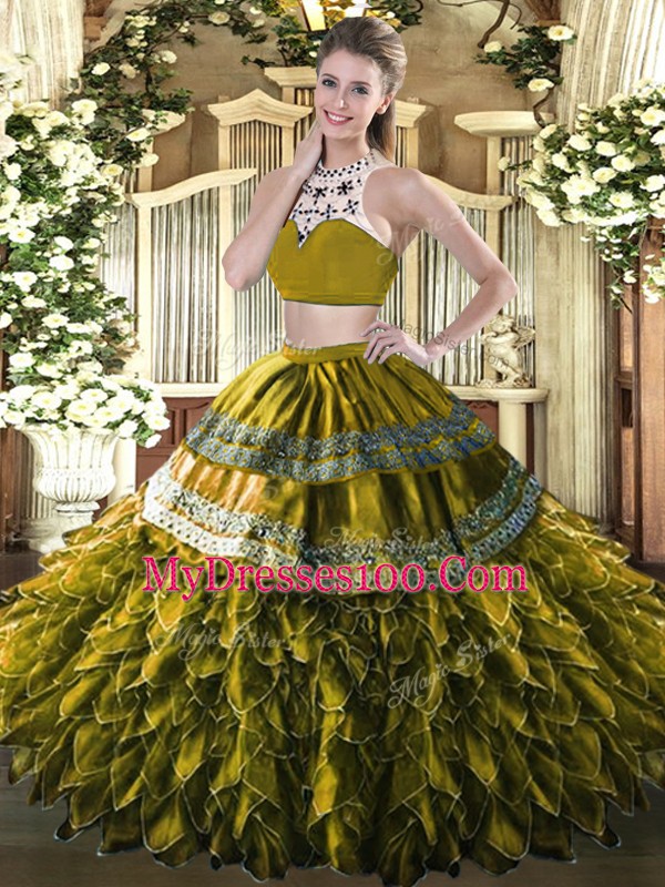 Custom Made Two Pieces Sweet 16 Dress Olive Green High-neck Tulle Sleeveless Floor Length Backless
