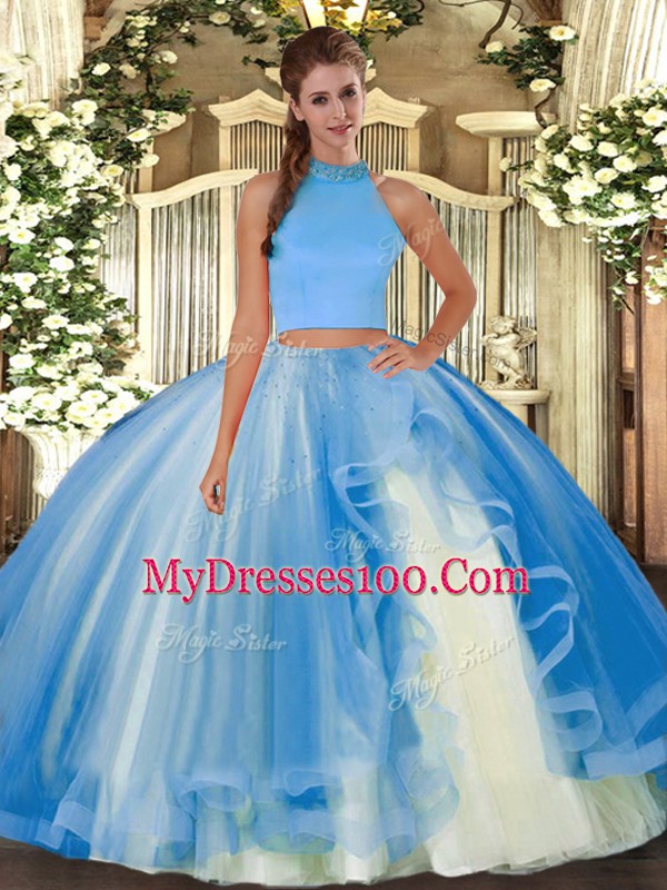 Elegant Tulle Sleeveless Floor Length Sweet 16 Quinceanera Dress and Beading and Ruffles