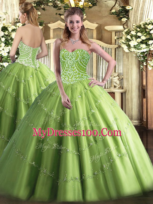Vintage Olive Green Ball Gowns Beading Sweet 16 Quinceanera Dress Lace Up Tulle Sleeveless Floor Length