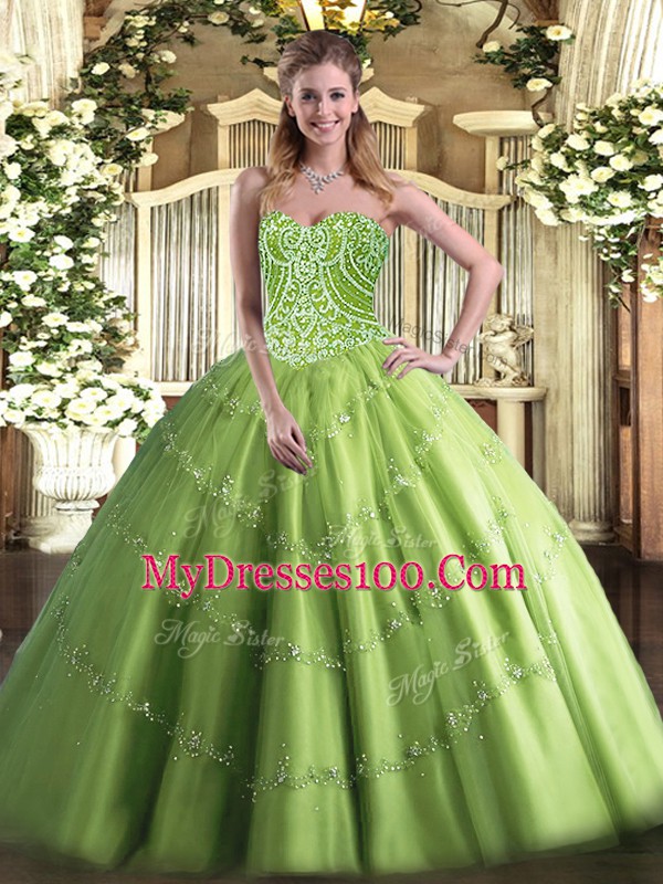 Vintage Olive Green Ball Gowns Beading Sweet 16 Quinceanera Dress Lace Up Tulle Sleeveless Floor Length
