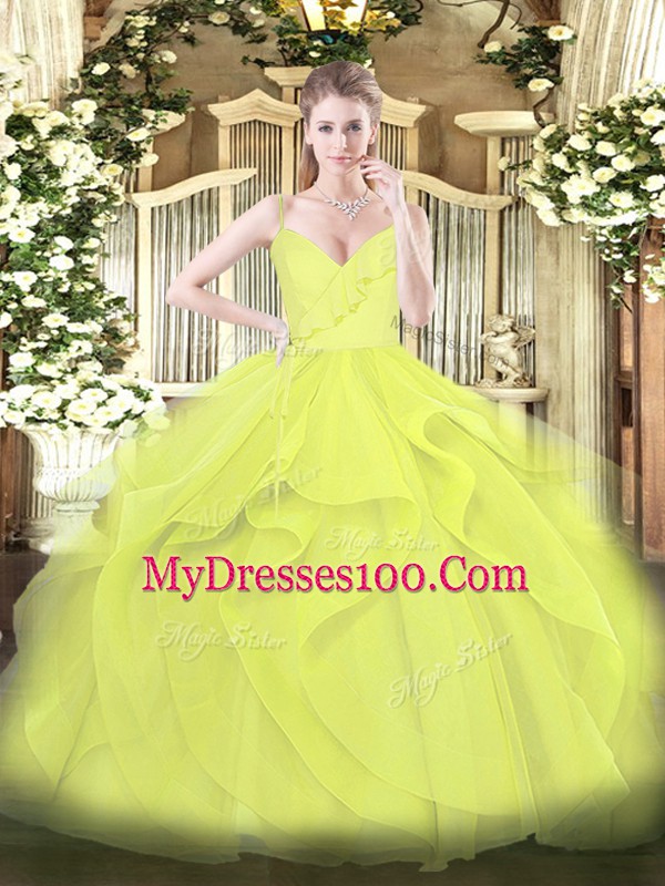 New Arrival Yellow Green and Yellow Spaghetti Straps Neckline Ruffles and Ruching 15th Birthday Dress Sleeveless Zipper
