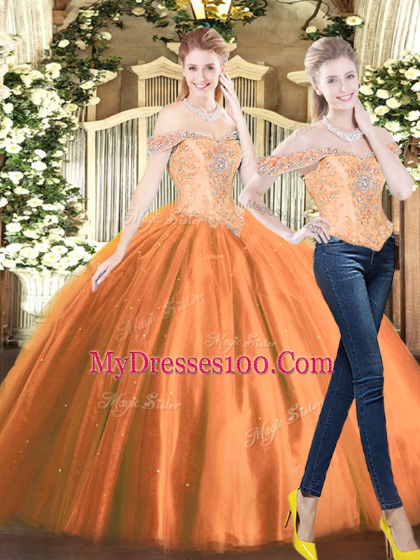 Beading Quinceanera Dress Orange Red Lace Up Sleeveless Floor Length