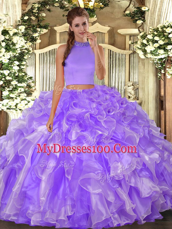 Lavender Backless Halter Top Beading and Ruffles Quince Ball Gowns Organza Sleeveless