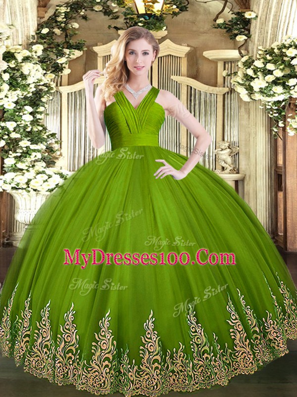 Ball Gowns Quince Ball Gowns Olive Green V-neck Tulle Sleeveless Floor Length Zipper