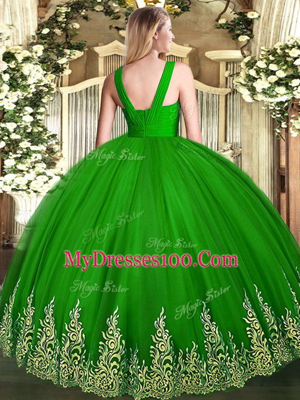 Ball Gowns Quince Ball Gowns Olive Green V-neck Tulle Sleeveless Floor Length Zipper