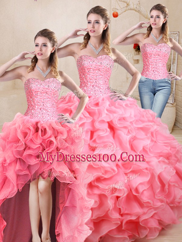 Watermelon Red Three Pieces Beading and Ruffles Quinceanera Dresses Lace Up Organza Sleeveless Floor Length
