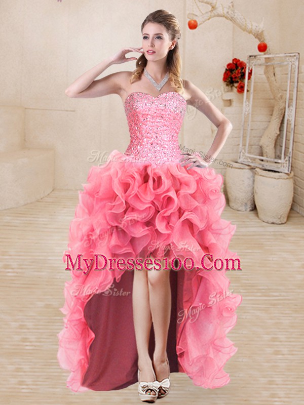 Watermelon Red Three Pieces Beading and Ruffles Quinceanera Dresses Lace Up Organza Sleeveless Floor Length