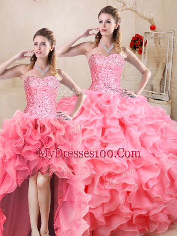 Watermelon Red Three Pieces Beading and Ruffles Quinceanera Dresses Lace Up Organza Sleeveless Floor Length