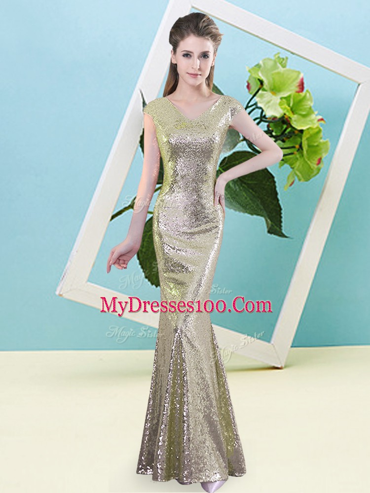 Yellow Cap Sleeves Sequins Floor Length