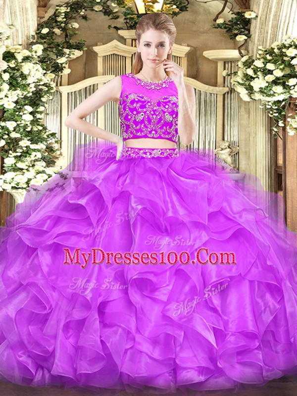 Amazing Sleeveless Floor Length Beading and Ruffles Zipper Sweet 16 Quinceanera Dress with Lilac