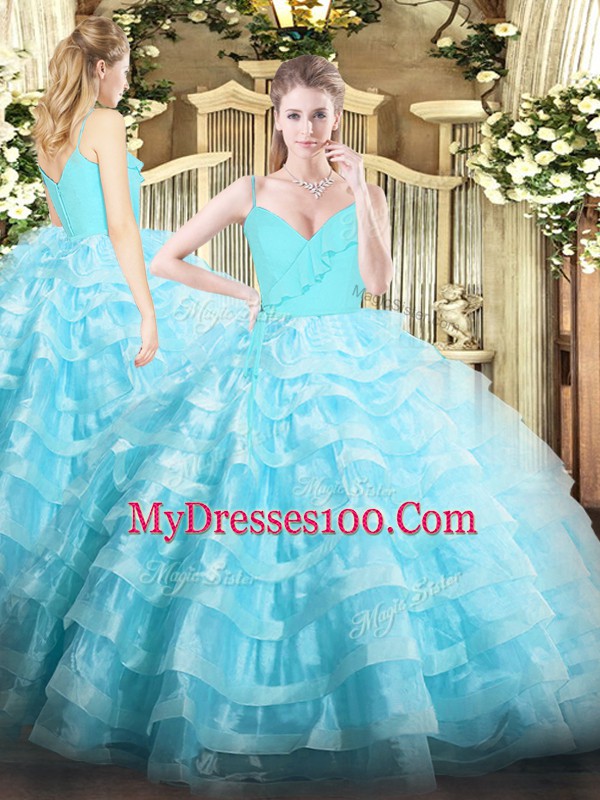 Inexpensive Ruffled Layers Ball Gown Prom Dress Aqua Blue Zipper Sleeveless Floor Length