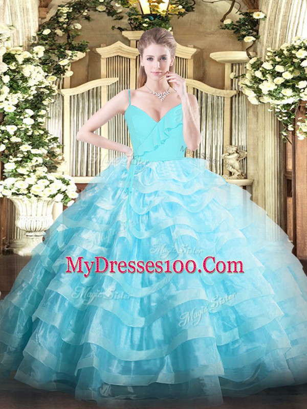 Inexpensive Ruffled Layers Ball Gown Prom Dress Aqua Blue Zipper Sleeveless Floor Length