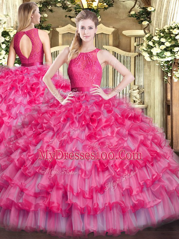 Decent Hot Pink Ball Gowns Lace and Ruffled Layers Vestidos de Quinceanera Zipper Organza Sleeveless Floor Length