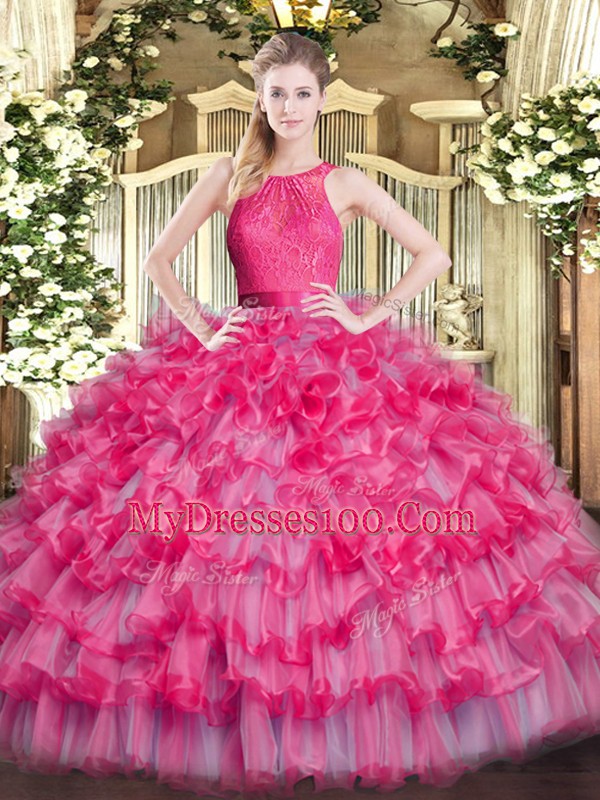 Decent Hot Pink Ball Gowns Lace and Ruffled Layers Vestidos de Quinceanera Zipper Organza Sleeveless Floor Length