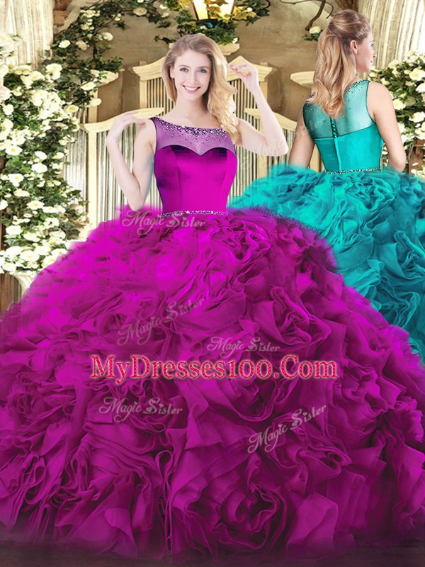 Fuchsia Zipper Scoop Beading 15 Quinceanera Dress Fabric With Rolling Flowers Sleeveless