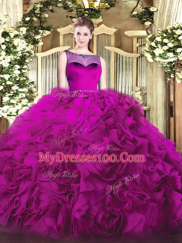Fuchsia Zipper Scoop Beading 15 Quinceanera Dress Fabric With Rolling Flowers Sleeveless