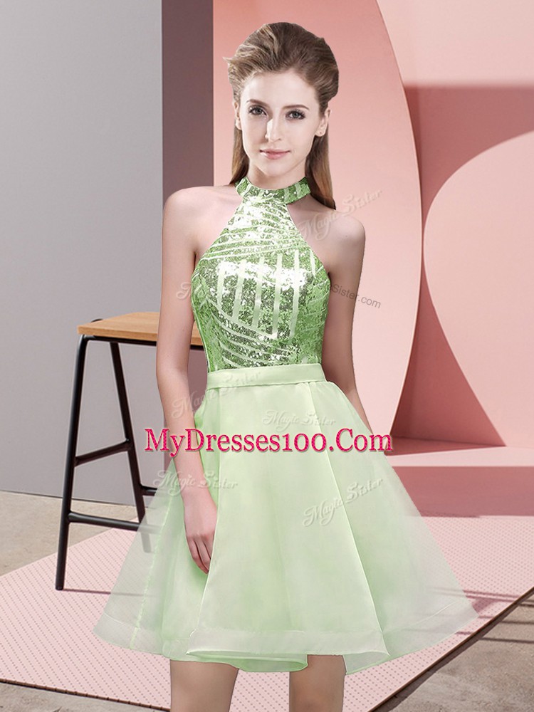 Nice Yellow Green A-line Chiffon Halter Top Sleeveless Sequins Mini Length Backless Bridesmaid Dresses
