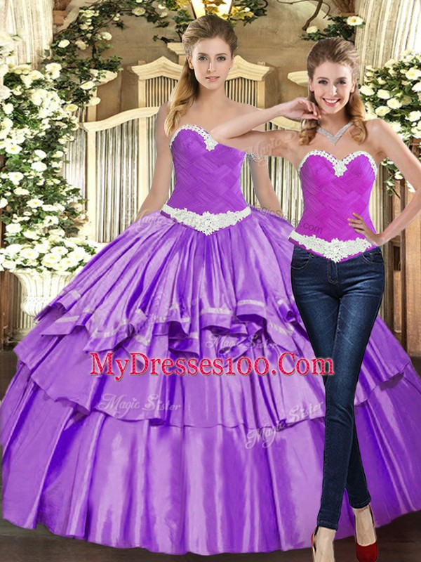 Decent Eggplant Purple Lace Up Sweetheart Appliques and Ruffles Ball Gown Prom Dress Organza Sleeveless