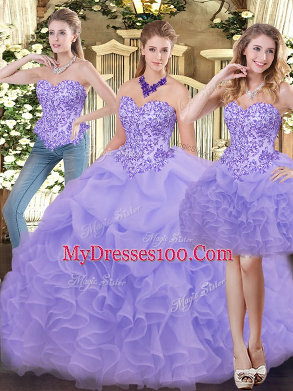 Flirting Lavender Sleeveless Appliques and Ruffles Floor Length Sweet 16 Dresses