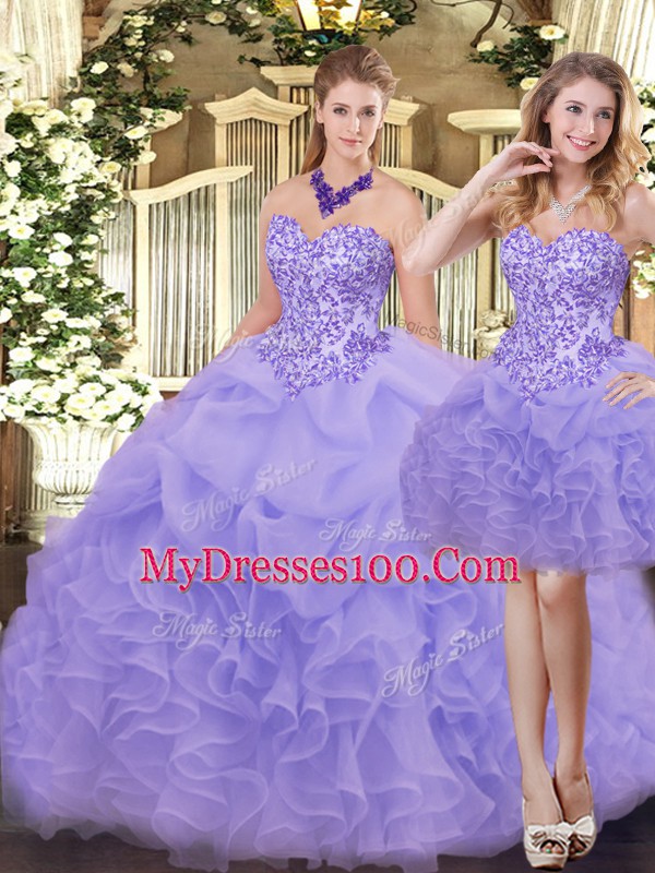 Flirting Lavender Sleeveless Appliques and Ruffles Floor Length Sweet 16 Dresses