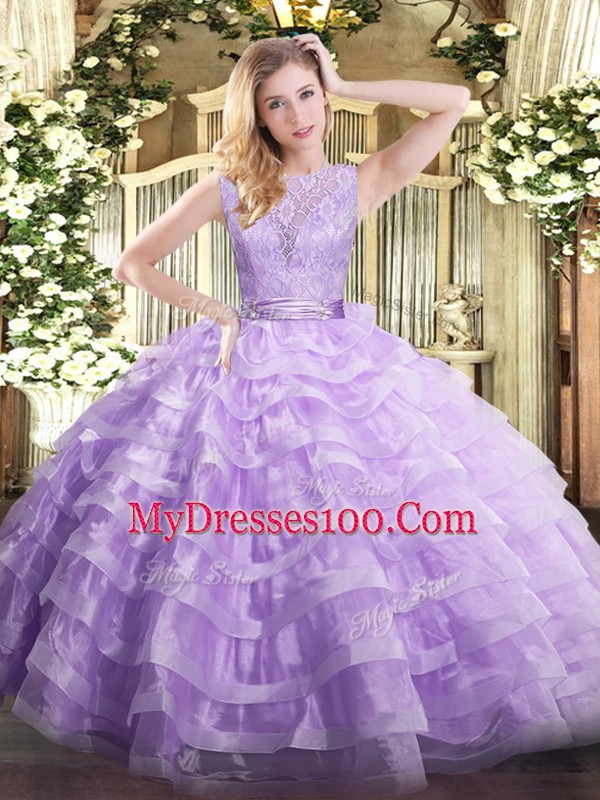 Lavender Ball Gowns Lace and Ruffled Layers Vestidos de Quinceanera Backless Organza Sleeveless Floor Length