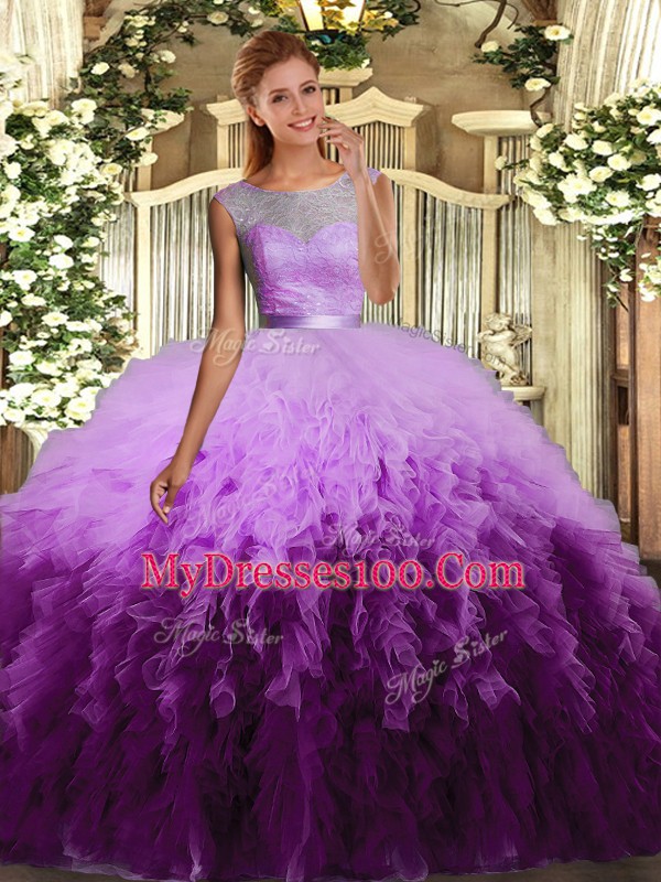 Edgy Multi-color Ball Gowns Scoop Sleeveless Organza Floor Length Backless Ruffles Quinceanera Gown