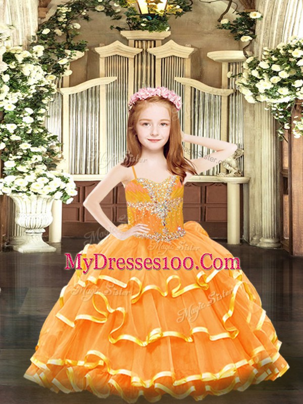 Fancy Sleeveless Floor Length Beading and Ruffled Layers Lace Up Kids Pageant Dress with Orange