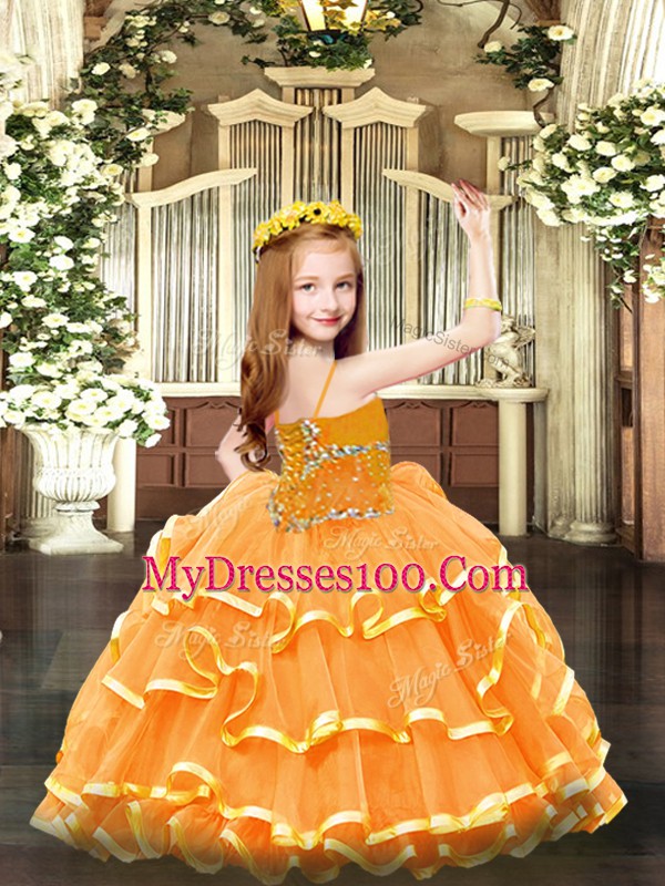 Fancy Sleeveless Floor Length Beading and Ruffled Layers Lace Up Kids Pageant Dress with Orange