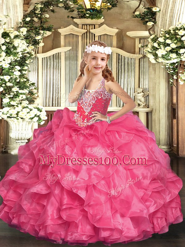Eye-catching Floor Length Hot Pink Little Girls Pageant Dress V-neck Sleeveless Lace Up