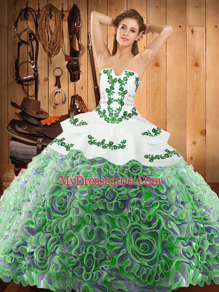 Amazing Sweep Train Ball Gowns Quince Ball Gowns Multi-color Strapless Satin and Fabric With Rolling Flowers Sleeveless With Train Lace Up