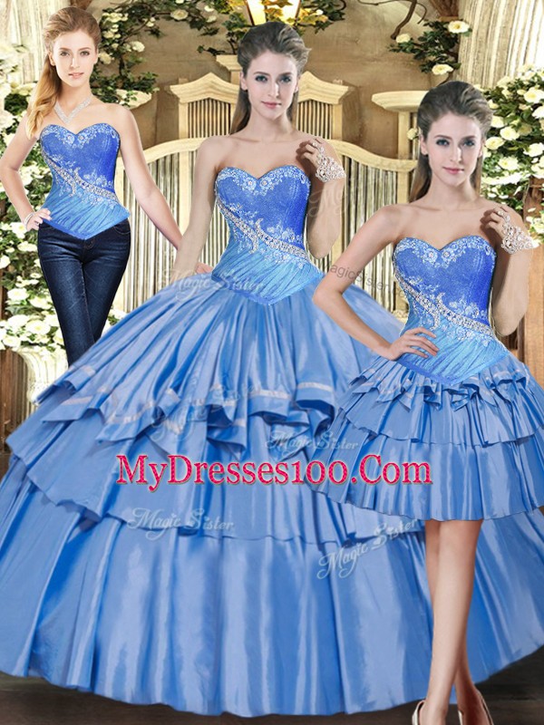 Extravagant Baby Blue Lace Up Ball Gown Prom Dress Beading and Ruffled Layers Sleeveless Floor Length