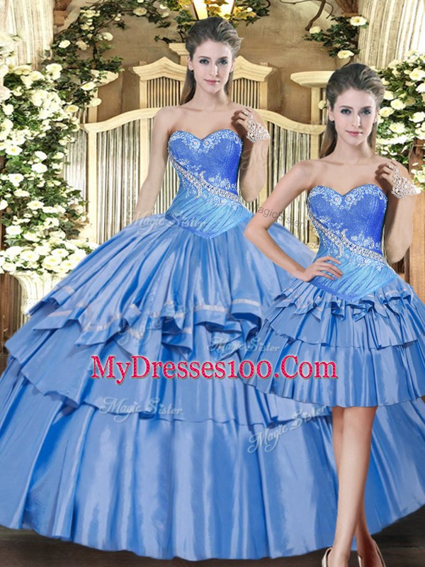 Extravagant Baby Blue Lace Up Ball Gown Prom Dress Beading and Ruffled Layers Sleeveless Floor Length