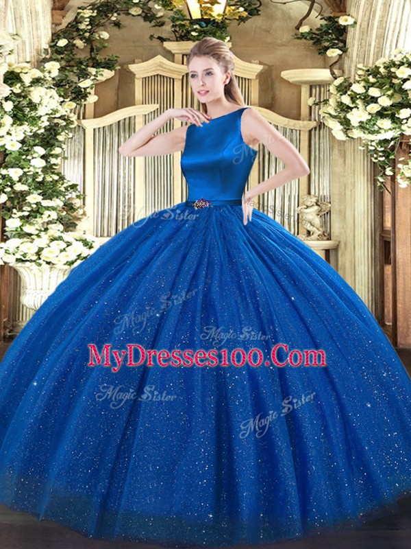 Attractive Scoop Sleeveless Tulle Ball Gown Prom Dress Belt Clasp Handle