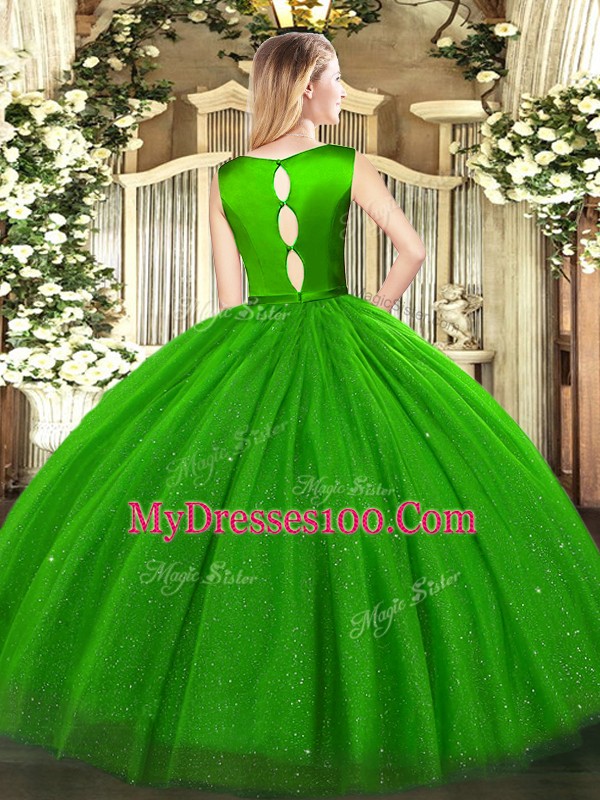 Attractive Scoop Sleeveless Tulle Ball Gown Prom Dress Belt Clasp Handle
