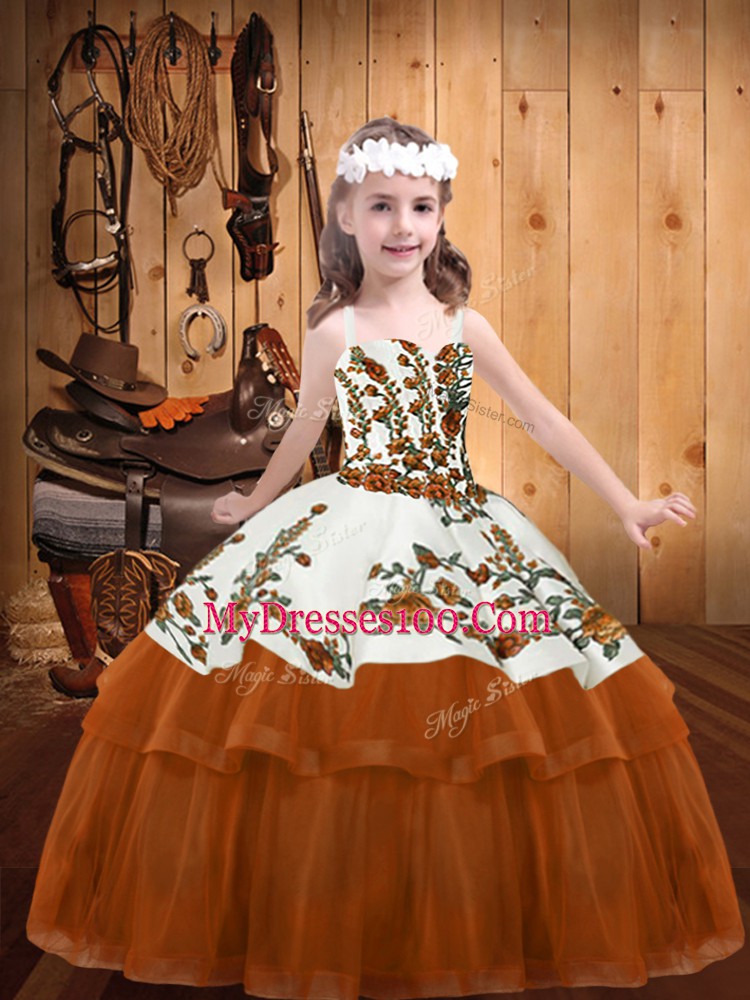 Best Floor Length Ball Gowns Sleeveless Rust Red Little Girls Pageant Dress Lace Up