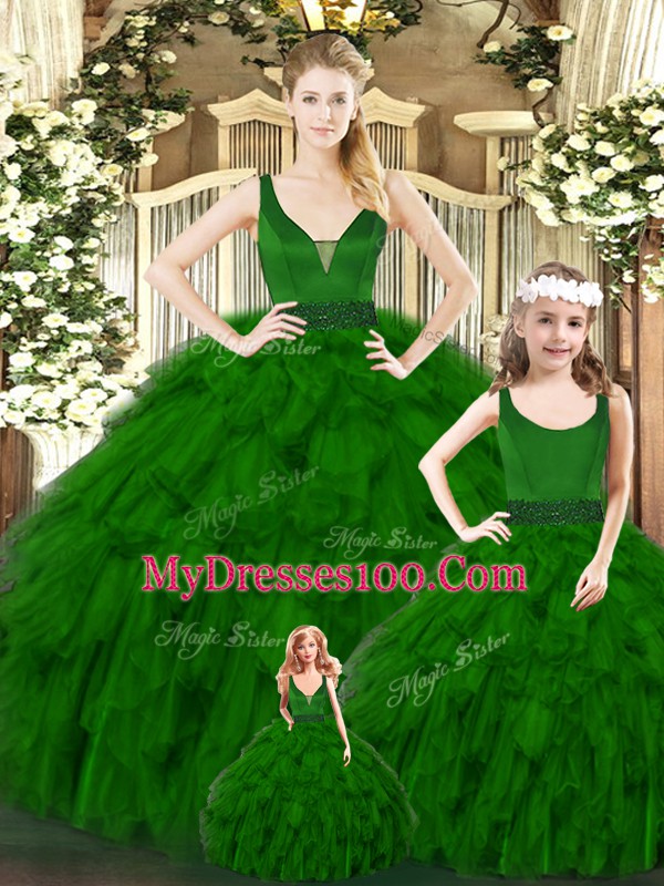 Fashionable Green Organza Zipper V-neck Sleeveless Floor Length Vestidos de Quinceanera Ruffles