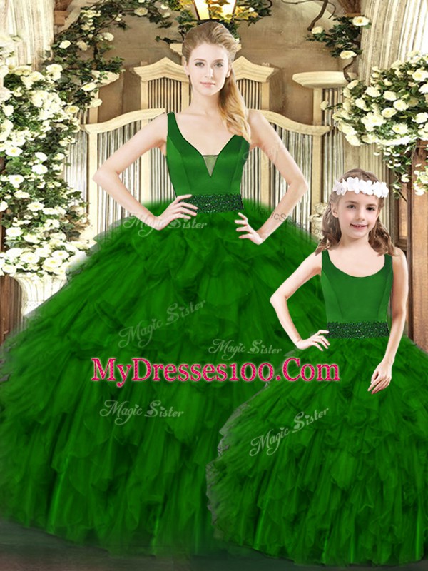 Fashionable Green Organza Zipper V-neck Sleeveless Floor Length Vestidos de Quinceanera Ruffles