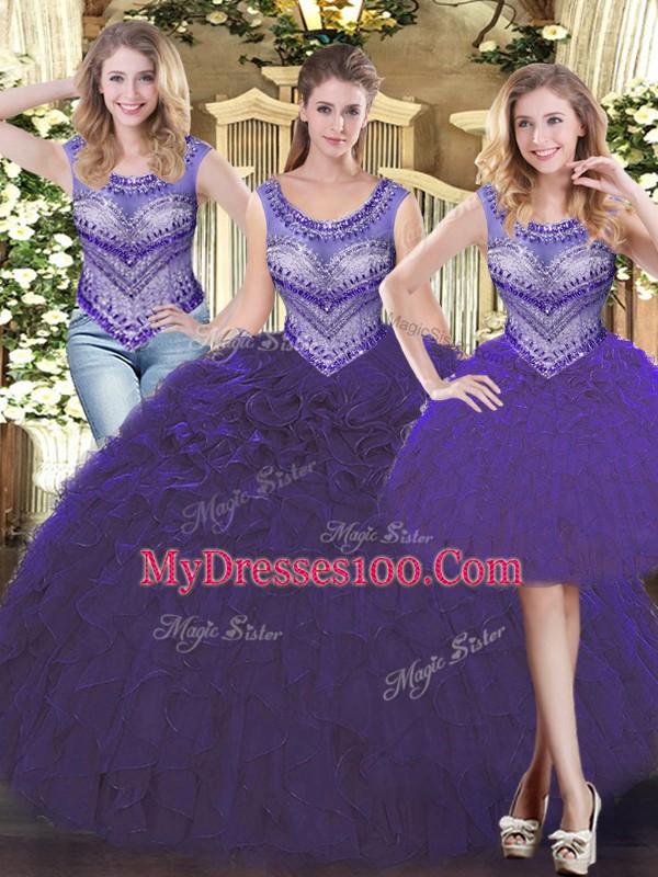Floor Length Purple Ball Gown Prom Dress Tulle Sleeveless Beading and Ruffles