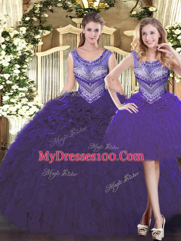 Floor Length Purple Ball Gown Prom Dress Tulle Sleeveless Beading and Ruffles