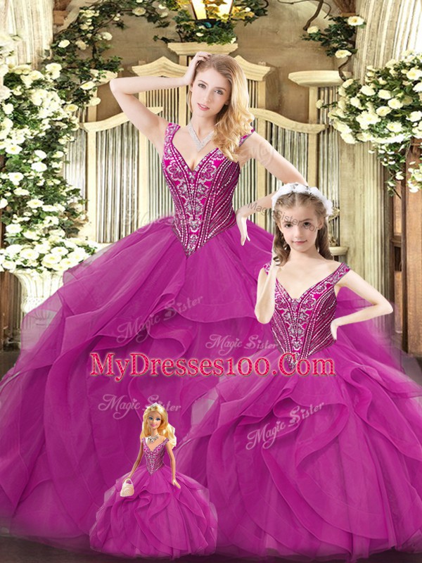 Ball Gowns Quinceanera Dress Fuchsia Straps Organza Sleeveless Floor Length Lace Up